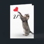 playful tabby cat for 21st birthday card karte<br><div class="desc">Gray tabby cat with red heart balloon for 21st birthday on white background.
Background color can be changed</div>