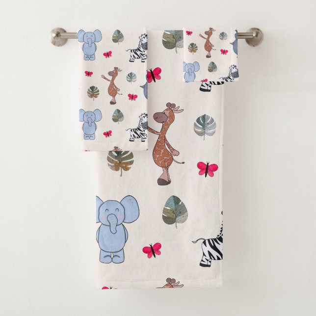Playful Watercolour Safari Animals Bath Towel Set (Insitu)