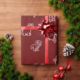 Playful White Cartoon Dinos on Dark Red Geschenkpapier
