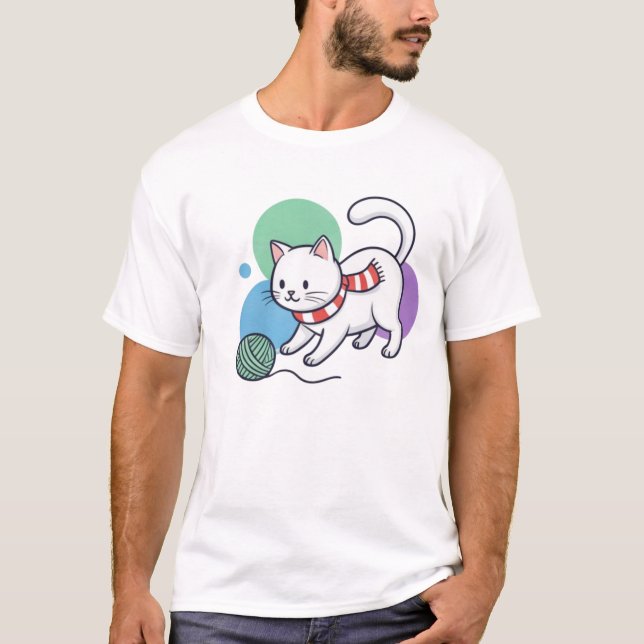 Playful White Cat with Yarn Tee (Vorderseite)