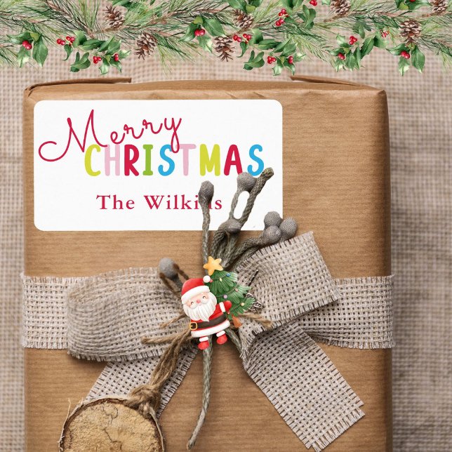 Playful White frohe Weihnachtsfamilie Design Adressaufkleber (Colorful Bright Merry Christmas Custom Gift White Label)