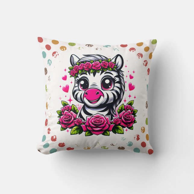 Playful Zebra mit rosa Rosenkrone Kissen (Vorderseite)