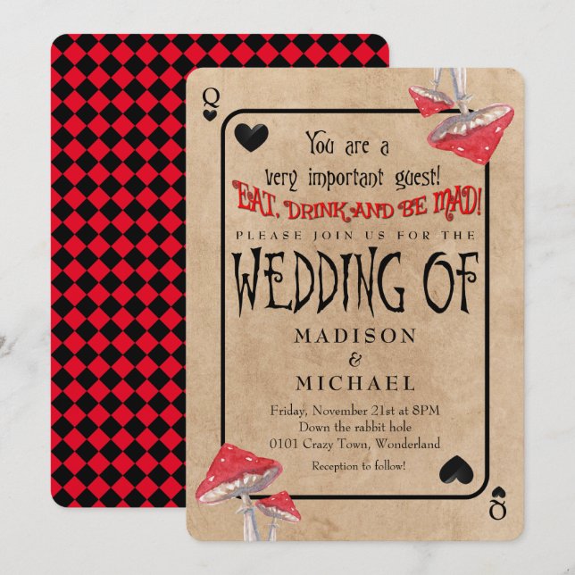 Playing Card Crazy Pilze Hochzeit Einladung (Vorne/Hinten)