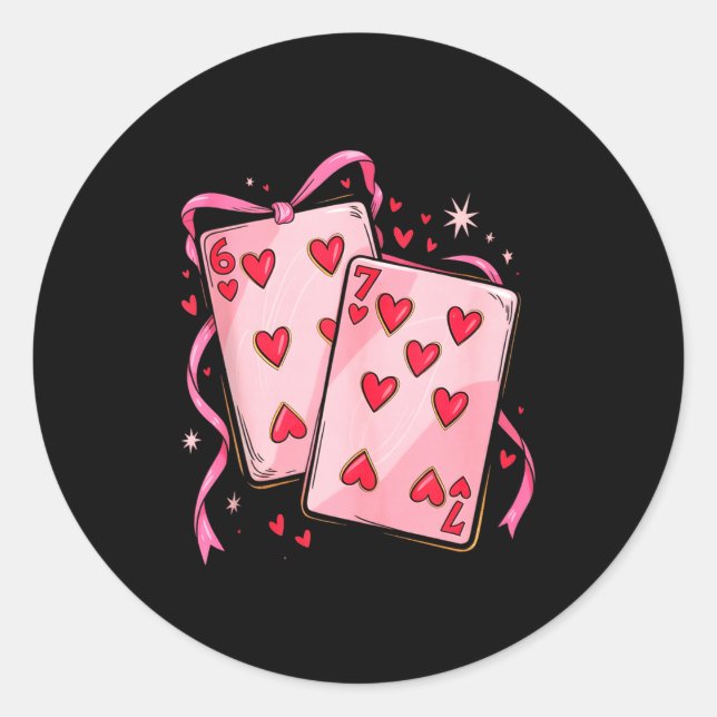 Playing Cards 6 7 Of Hearts 67 Six Seven Bow Valen Runder Aufkleber (Vorderseite)