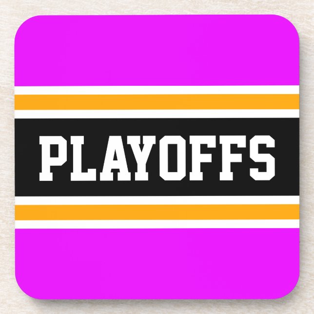 PLAYOFFS Fun Fett Hellrosa, gelbe schwarze Streife Getränkeuntersetzer (Vorderseite)