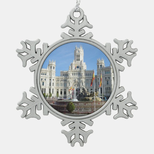 Plaza de Cibeles, Madrid Schneeflocken Zinn-Ornament (Vorderseite)