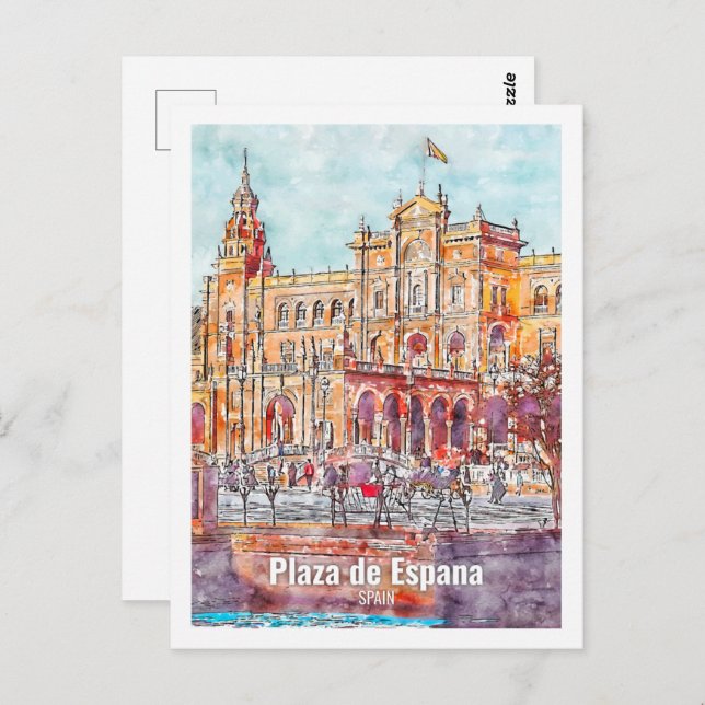 Plaza de Espana Spanien Fantastische Watercolor Postkarte (Vorne/Hinten)