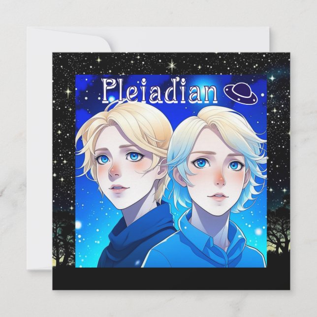 Pleiadisches Alien Race mit Sternen und UFOs (Vorderseite)