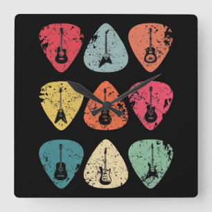 Plektrum Retro Vintag für Gitarristen Bassist Bass Quadratische Wanduhr