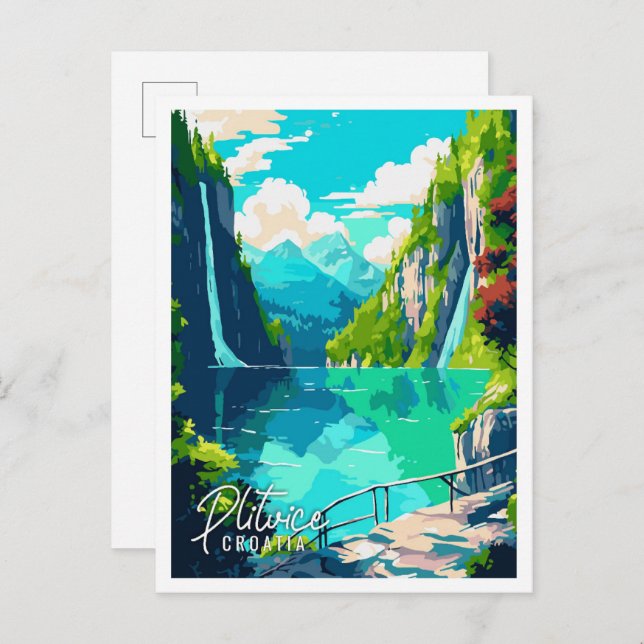 Plitvice Croatia Vintage Illustration Postkarte (Vorne/Hinten)