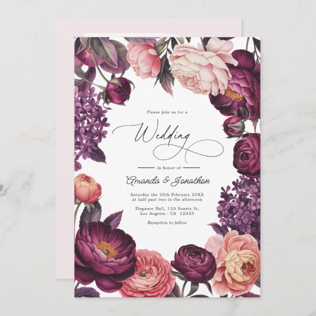 Plum and Blush Watercolor Floral Wedding Photo Einladung (Vorne/Hinten)