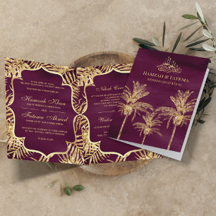 Plum and Gold Glitzer Date Palm Muslim Wedding Einladung