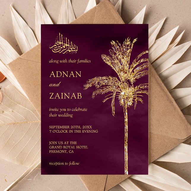 Plum and Gold Glitzer Date Palm Muslim Wedding Einladung (Von Creator hochgeladen)