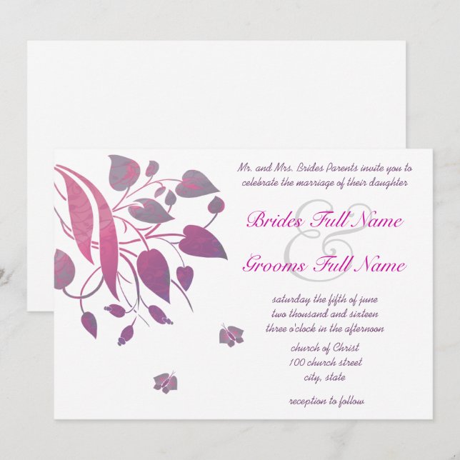 Plum Berry Gray Swirl Butterfly Wedding Einladung (Vorne/Hinten)