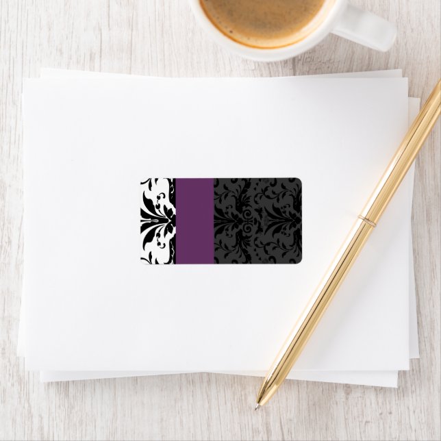 Plum & Black Bumble Bee Damask Adresse Adressaufkleber (Insitu)