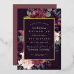 Plum Blossom Bat Mitzvah Folieneinladung<br><div class="desc">Die zauberhafte Mitzvah-Fledermaus-Einladung besticht durch eine lila bordeauxrote Marsala,  Rosa und dustige blaue Blumen,  üppiges botanisches Blattwerk,  grüne Pflanzen und goldene Folienteile. Personalisieren Sie Ihre Tempelfeier und feiern Sie Details in modernen Schriften auf einem reichen kohlehaltigen Hintergrund.</div>