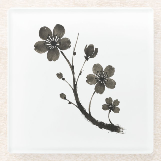Plum Blossom Line Art - Botanisches Design auf Glasuntersetzer (Vorderseite)