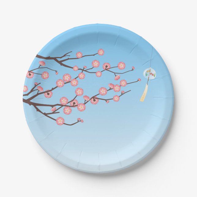 Plum Blossom und Glass Wind Chime auf Light Blue Pappteller (Vorderseite)