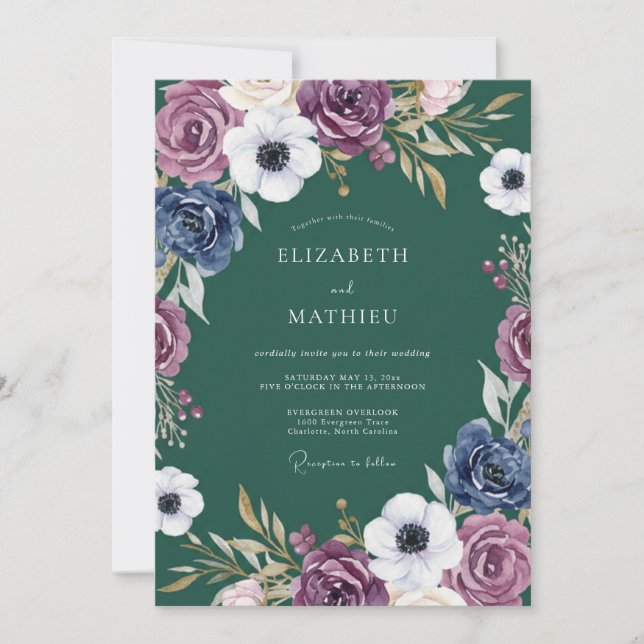 Plum Blue Botanical Romance Wedding Einladung (Vorderseite)