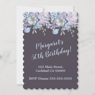 Plum Blue Lavendel Blumendesign 50. Geburtstag Einladung