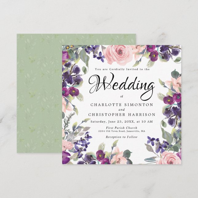Plum Blush Bloral Square Hochzeitseinladungen Einladung (Vorne/Hinten)