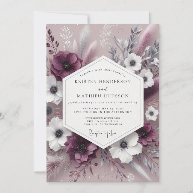 Plum Botanical Whimsical Wedding Einladung (Vorderseite)