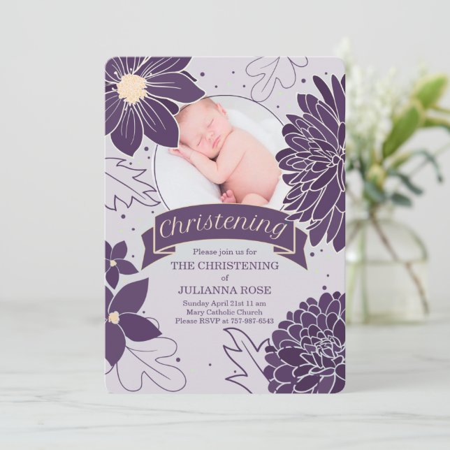 Plum Botanicals for Girls with Foto Christening Einladung (Stehend Vorderseite)