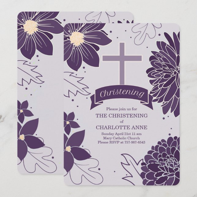 Plum Botanicals für Mädchen mit Cross Christening Einladung (Vorne/Hinten)