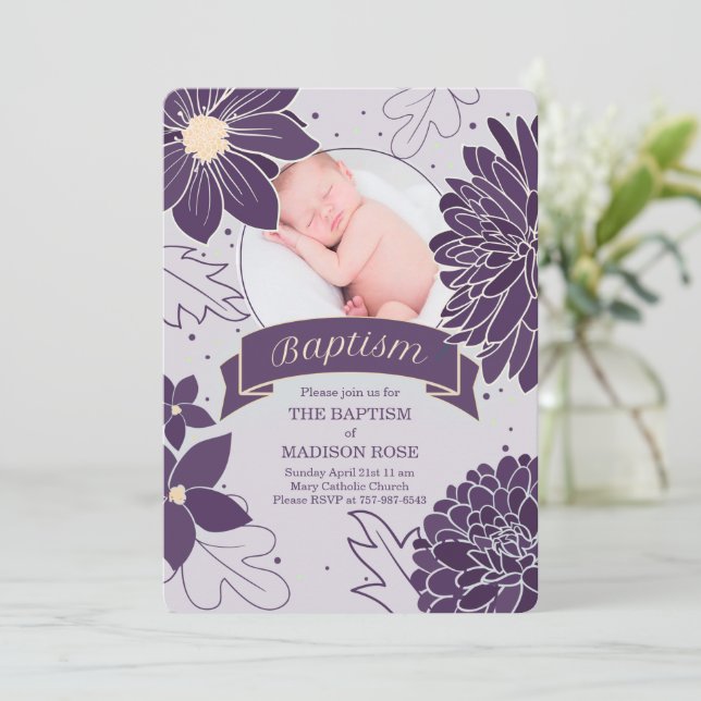 Plum Botanicals für Mädchen mit Foto Taufe Einladung (Stehend Vorderseite)