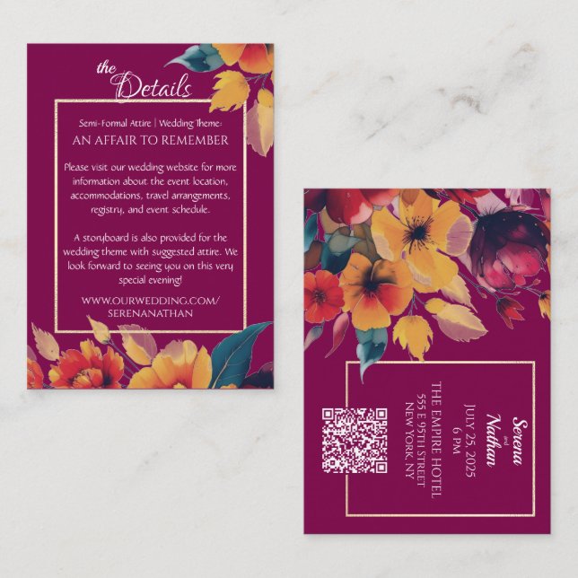 Plum Bouquet QR Code Wedding Details Begleitkarte (Vorne/Hinten)