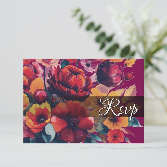 Plum Bouquet UAWG QR Code Response Card RSVP Karte (Stehend Vorderseite)