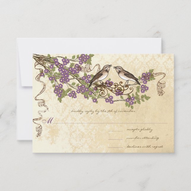 Plum Cherry Blossom Vintag Bird Hochzeiten RSVP Karte (Vorderseite)