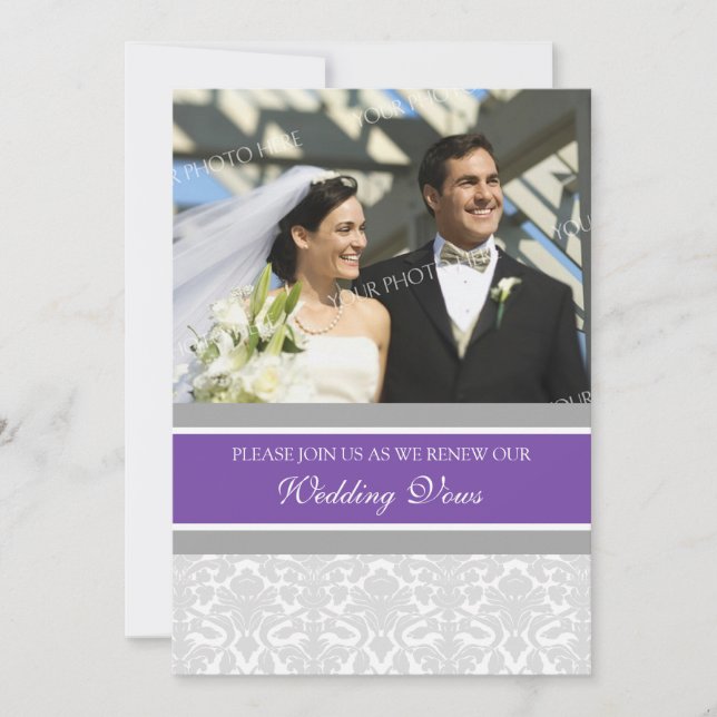 Plum Damask Foto Hochzeitfeier Neuerliche Einladun Einladung (Vorderseite)