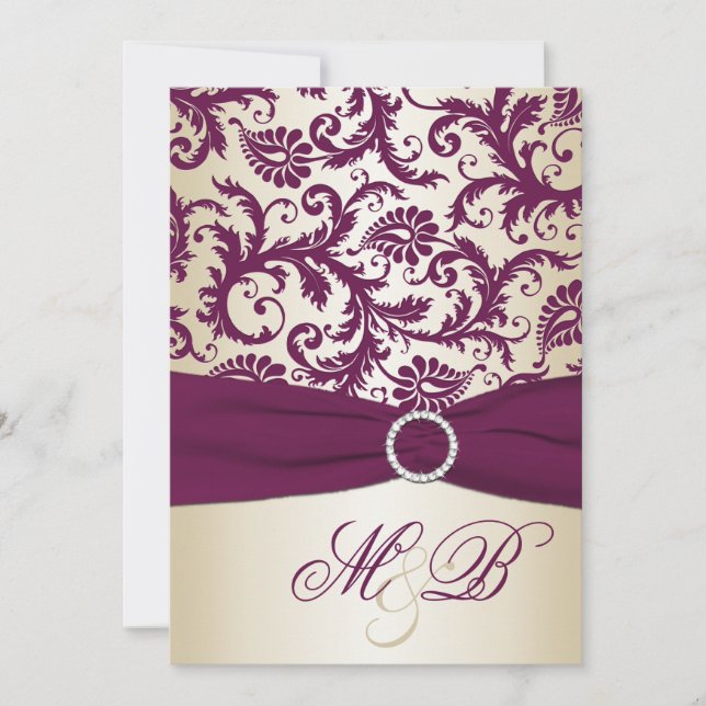 Plum Damask mit DRUCKTE Ribbon Wedite Einladung (Vorderseite)