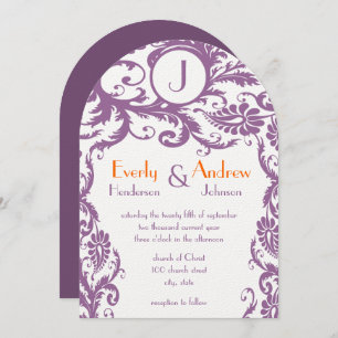 Plum Damask Monogram Wedding Einladung