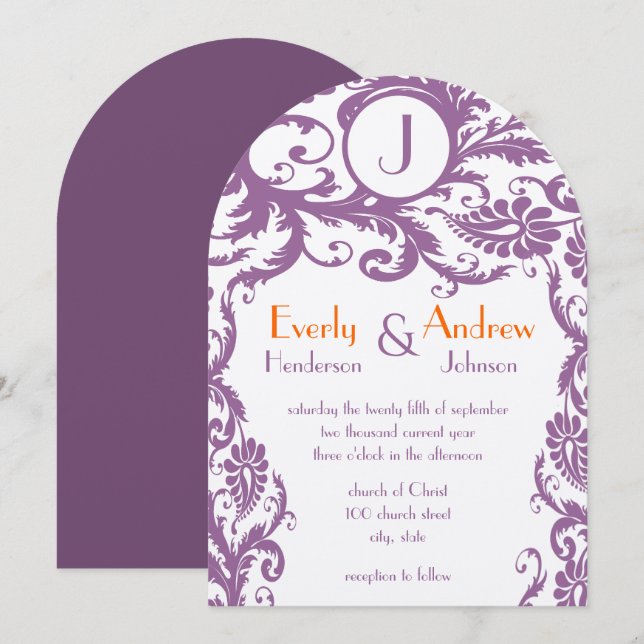 Plum Damask Monogram Wedding Einladung (Vorne/Hinten)