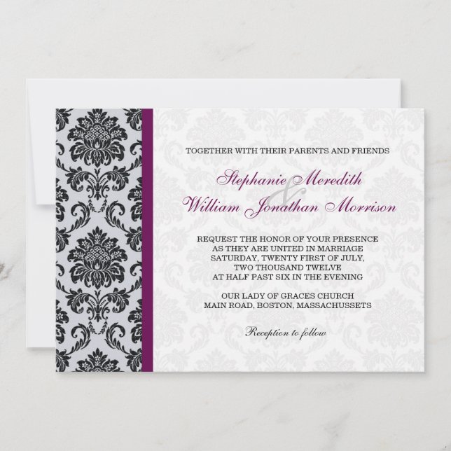 Plum Damask Monogram Wedding Einladung (Vorderseite)