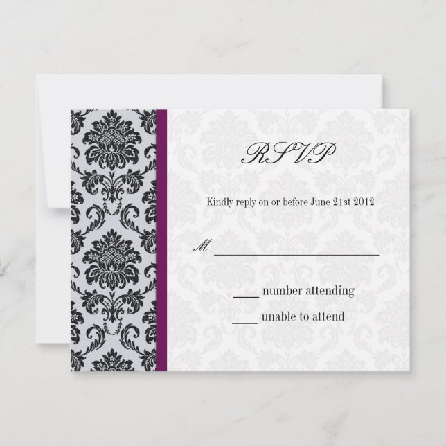 Plum Damask Monogram Wedding RSVP Karte (Vorderseite)