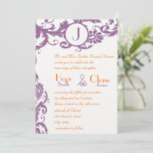 Plum Damask Orange Monogram Wedding Einladung