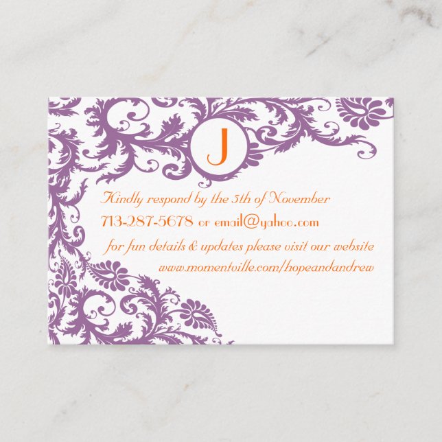 Plum Damask Orange Response und Website Cards Begleitkarte (Vorderseite)
