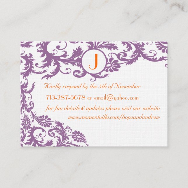 Plum Damask Orange Response und Website Cards Begleitkarte (Vorderseite)