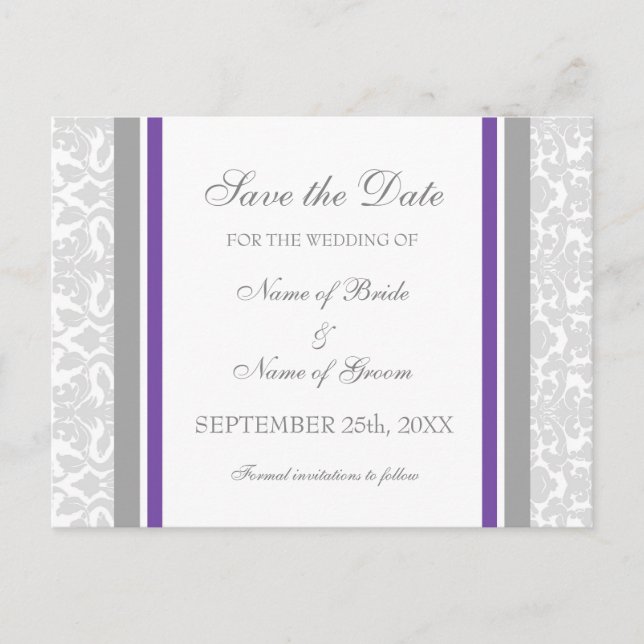Plum Damask Save the Date Hochzeitskarten Ankündigungspostkarte (Vorderseite)