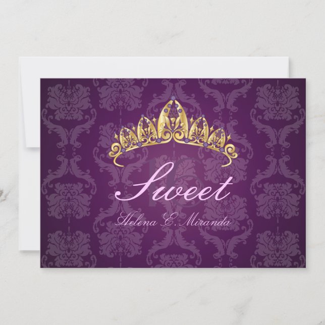 Plum Damask Sweet 16/ tiara/amethyst Einladungen (Vorderseite)