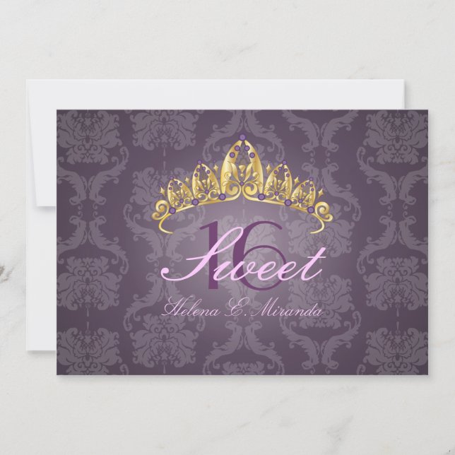 Plum Damask Sweet 16/ tiara/amethyst Einladungen (Vorderseite)