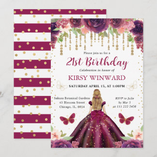 Plum Dress Blonde haarige Prinzessin Geburtstag Einladung
