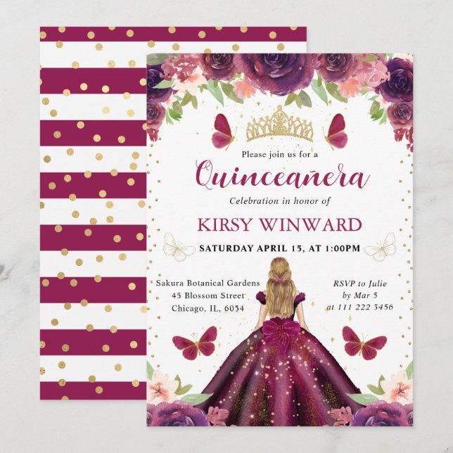 Plum Dress Blonde Princess Quinceanera Einladung (Vorne/Hinten)