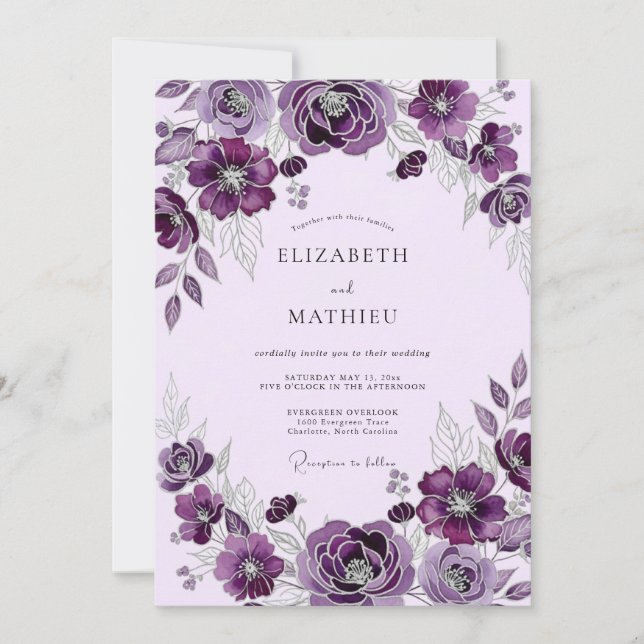 Plum Elegant Botanical Wedding Einladung (Vorderseite)