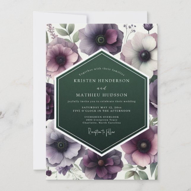Plum Emerald Anemone Wedding Einladung (Vorderseite)