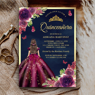 Plum Floral Butterfly Navy Blue Gold Quinceanera Einladung