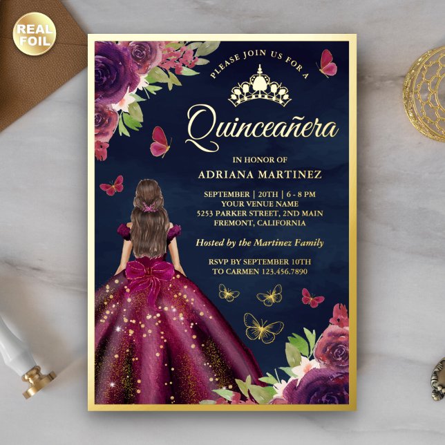 Plum Floral Butterfly Navy Blue Quinceanera Gold Folieneinladung (Von Creator hochgeladen)